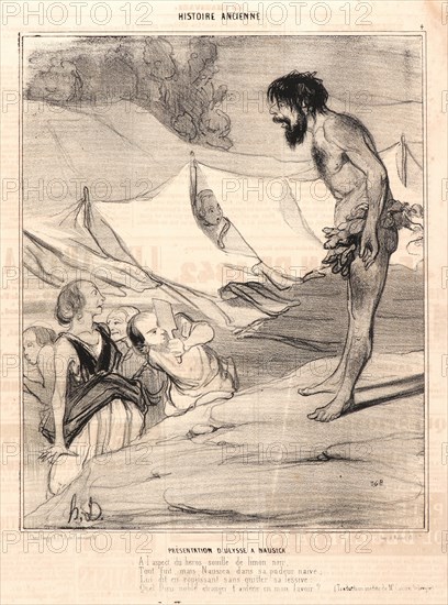 Honoré Daumier (French, 1808 - 1879). Présentation d'Ulysse a Nausica, 1842. From Histoire Ancienne. Lithograph on wove newsprint paper. Image: 248 mm x 203 mm (9.76 in. x 7.99 in.) (image dimensions are for composition). Third of three states.
