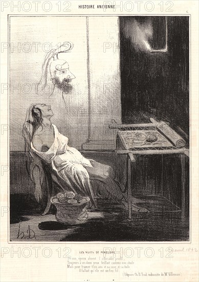 Honoré Daumier (French, 1808 - 1879). The Nights of Penelope (Les Nuits de Penelope), 1842. From Histoire Ancienne. Lithograph on wove newsprint paper. Image: 236 mm x 188 mm (9.29 in. x 7.4 in.). Third of three states.