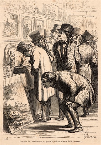 Honoré Daumier (French, 1808 - 1879). Exhibition Room at the Hotel Druot (Une Salle de l'hotel Drouot), ca. 1860-1870. Wood engraving on newsprint paper. Sheet: 248 mm x 168 mm (9.76 in. x 6.61 in.).