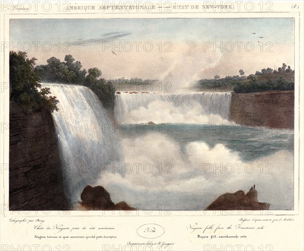 Isidore-Laurent Deroy (French, 1797 - 1886) after Jacques Gerard Milbert (French, 1766 - 1840). Niagara Falls from the American Side, 1827-1828. From Itinéraire Pittoresque du Fleuve Hudson et des Parties Latérales de l'Amérique d. Lithograph with hand coloring on wove paper mounted on wove paper. Image: 196 mm x 290 mm (7.72 in. x 11.42 in.).