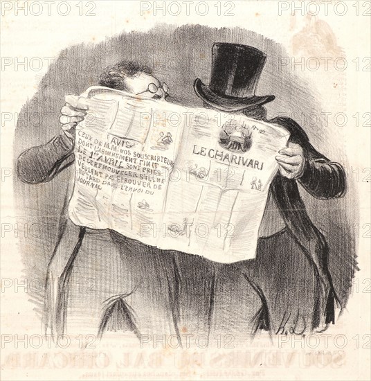 Honoré Daumier (French, 1808 - 1879). La Lecture du Charivari, 1840. Lithograph on wove newsprint paper. Image: 212 mm x 225 mm (8.35 in. x 8.86 in.). First of two states, before inscription.
