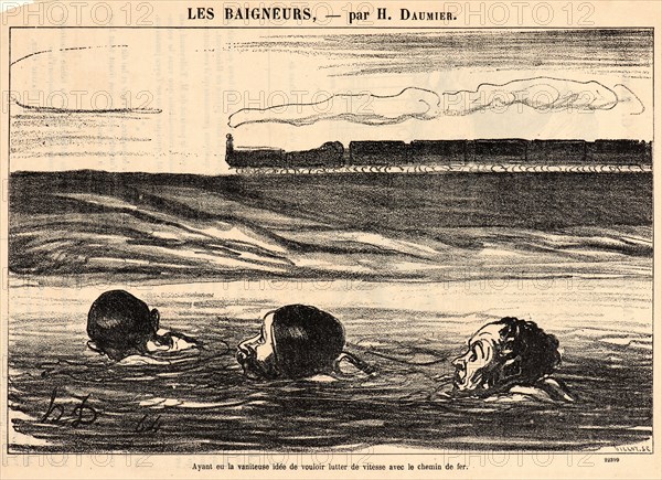 Honoré Daumier (French, 1808 - 1879). Ayant eu la vaniteuse idée de vouloir..., 1864. From Les Baigneurs. Lithograph on wove newsprint paper. Image: 162 mm x 246 mm (6.38 in. x 9.69 in.). Third of three states.