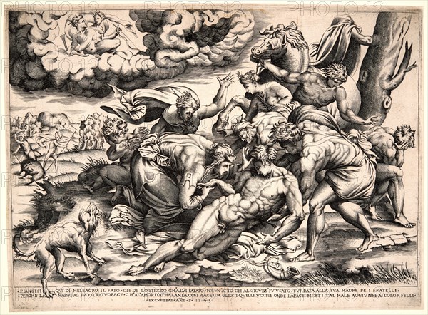 Nicolas Béatrizet (French, born 1507 or 1515, died ca. 1565) after Francesco Salviati (Italian, 1510-1563). The Death of Meleager, 1543. Engraving on laid paper. Plate: 312 mm x 424 mm (12.28 in. x 16.69 in.) (plate dimensions are irregular, approximately 306/312 x 420/424 mm.). First of three states.