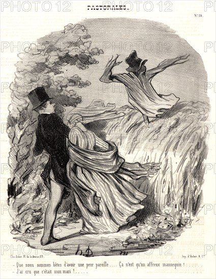 Honoré Daumier (French, 1808 - 1879). We are stupid to be so afraidâ€îit is nothing but a horrible scarecrowâ€îI thought it was my husband (Que nous sommes betes...), 1845. From Pastorales. Lithograph on newsprint paper. Sheet: 376 mm x 262 mm (14.8 in. x 10.31 in.).