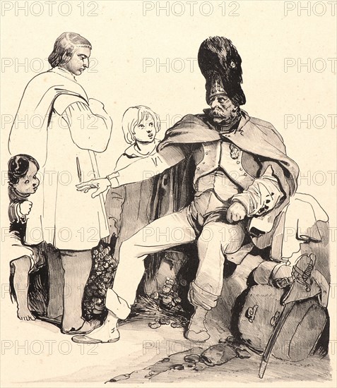 Nicolas Toussaint Charlet (French, 1792 - 1845). Wounded Grenadier of the Imperial Guard Talking to a Peasant and Two Children, ca. 1830. Pen and crayon lithograph on tan wove paper. Sheet: 501 mm x 321 mm (19.72 in. x 12.64 in.).