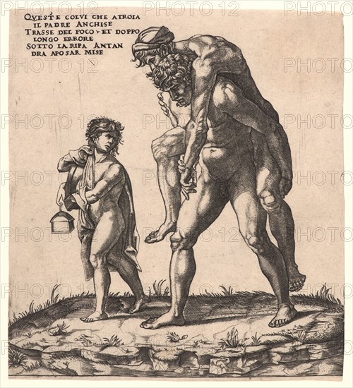 Giovanni Jacopo Caraglio (Italian, ca. 1500/1505â€ì1565) after Raphael (Italian, 1483-1520). Aeneas Rescuing His Father, Anchises, ca. 1527- 1538. Engraving on laid paper. Sheet: 208 mm x 188 mm (8.19 in. x 7.4 in.). Only state.