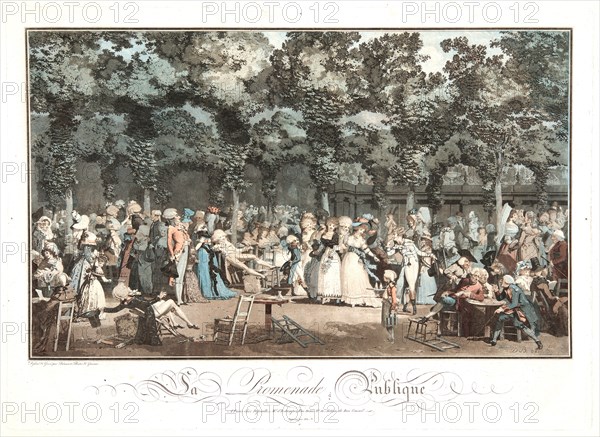 Philibert Louis Debucourt (French, 1755 - 1832). Public Promenade (La Promenade Publique), 1792. Etching, engraving, and aquatint from four plates printed in pink, blue, ochre, and black ink on heavy wove paper. Plate: 485 mm x 645 mm (19.09 in. x 25.39 in.). Fourth of four states.