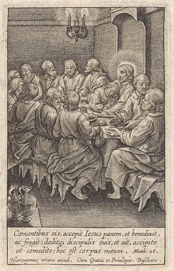 Last Supper, Christ and his disciples around a table, Hieronymus Wierix, 1563 - before 1619