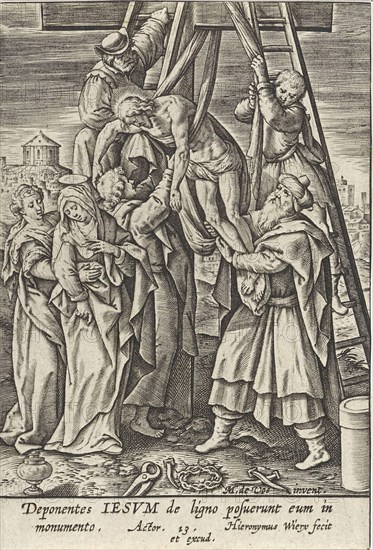 Deposition, print maker: Hieronymus Wierix, Maerten de Vos, Hieronymus Wierix, 1563 - before 1619