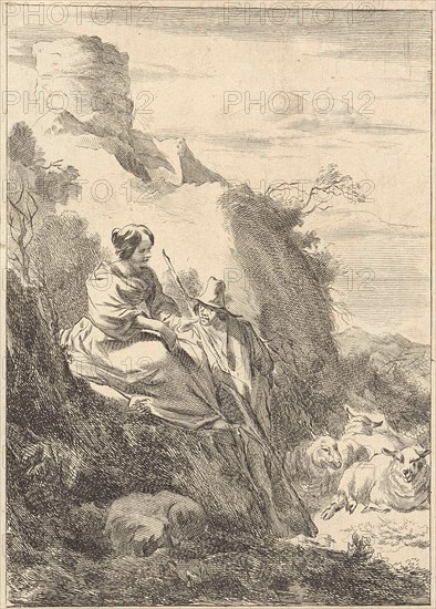 On a hill a shepherdess and a shepherd can be seen, Jan de Visscher, Nicolaes Pietersz. Berchem, 1643 - 1692