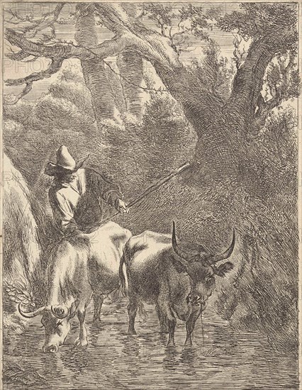 Shepherd drives two oxen by a stream, Jan de Visscher, Nicolaes Pietersz. Berchem, 1643 - 1692