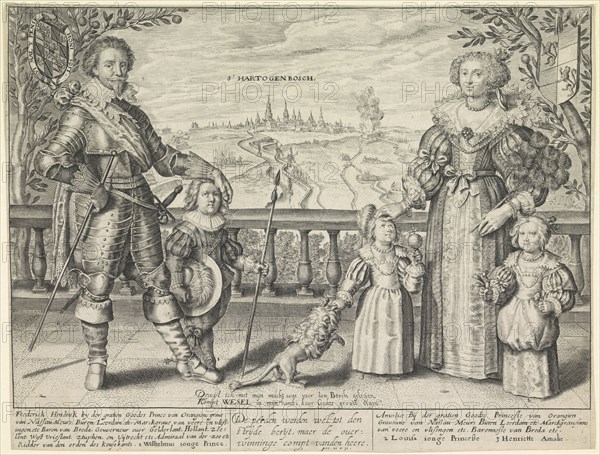 Family Portrait of Frederik Hendrik, Amalia and their children William II, Henriette and Louise Henriette Amalia, on a balcony, in the distance the city of Den Bosch, The Netherlands, print maker: Crispijn van de Passe (II), Dating 1629