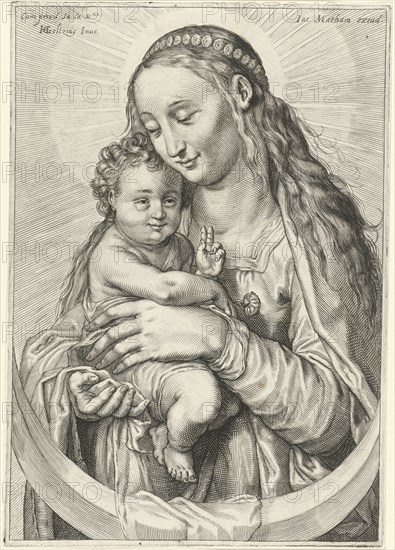 Mary with Child and crescent moon, Hendrick Goltzius, Jacob Matham, Rudolf II van Habsburg (Duits keizer), 1610 - 1612