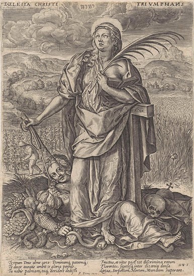 Landscape with Faith, behind her the cross, she holds a palm branch in one hand, in the other hand the reins of the bit, Heresy is trampled by Faith, print maker: Johannes Wierix (mentioned on object), Dating 1559 - before 1591