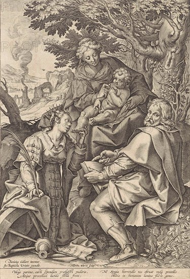 Holy Family, accompanied by Catherine of Alexandria, Hieronymus Wierix, Johannes Baptista Vrints (I), 1563 - before 1611