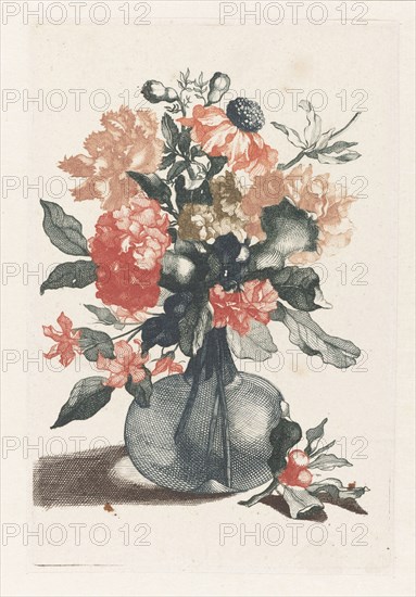 Glass vase with flowers and a branch with flower, Anonymous, Jean Baptiste Monnoyer, Johan Teyler, 1688 - 1698