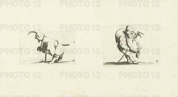 Dwarf with sling, stool and sword; Dwarf with walking stick, Jacques Callot, Abraham Bosse, 1621 - 1676