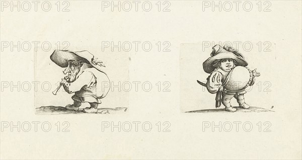 Dwarf with flute (flageolet); Dwarf with sword, a row of buttons on the belly, Jacques Callot, Abraham Bosse, 1621 - 1676