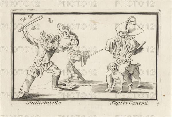 Pulcinella and Scaramouche Taglia Cantoni, print maker: Anthonie de Winter, Jacques Callot, Cornelis Danckerts II, 1668 - 1707