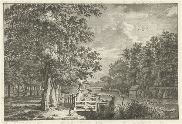 Landscape with a couple on the bank of the river Gein, The Netherlands, print maker: Jan Evert Grave, 1769 - 1805