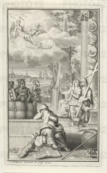 Allegorical figures in a tomb, Jacob Folkema, 1723