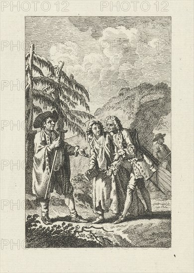 Meeting between a man and a couple in the outdoors, the man holds a stick and gestures with his hand towards the couple, Jacob Folkema, Dating 1702 - 1817