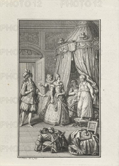 Three richly dressed figures enter a room. Lovers caught by surprise. print maker: Jacob Folkema (mentioned on object), Dating 1702 - 1767