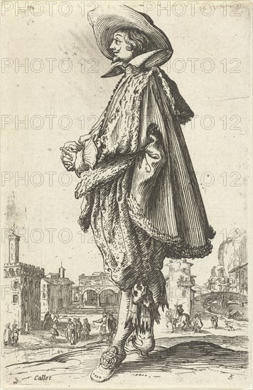 Noble man with hat, seen on the left, Jacques Callot, print maker: Anonymous, Frederik de Wit possibly, 1630 - 1690