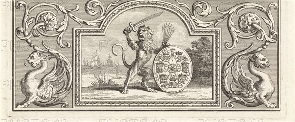 The Dutch lion holding a sword and quiver of arrows near a shield bearing the arms of the Seven Provinces, print maker: Bernard Picart (workshop of), Dating 1716