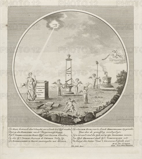 Allegory on the establishing of the Oprechte Vaderlandsche Societeiten in 1787, Anonymous, Maria Geertruida de Cambon-van der Werken, Johannes FranÃ§ois Jacobs de Agé, 1787