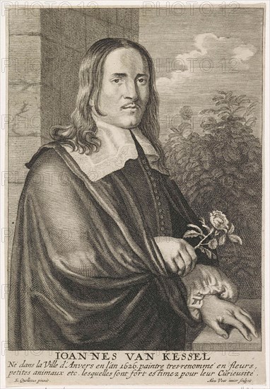 Portrait of the painter Jan van Kessel I, print maker: Alexander Voet II, Erasmus Quellinus II, 1645 - 1695