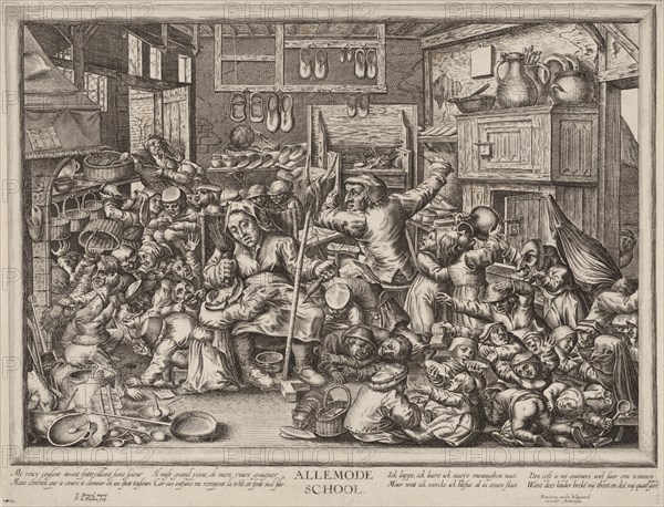 The Shoemaker and the spinster as schoolmasters, Pieter de Bailliu (I), Pieter van der Borcht (I), Frans van den Wijngaerde, 1623 - 1660
