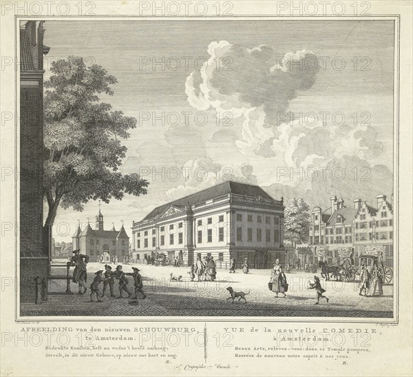 View of the square for the new theater, nieuwe Schouwburg in Amsterdam, The Netherlands, Cornelis Bogerts, Theodore Crajenschot, in or after 1774