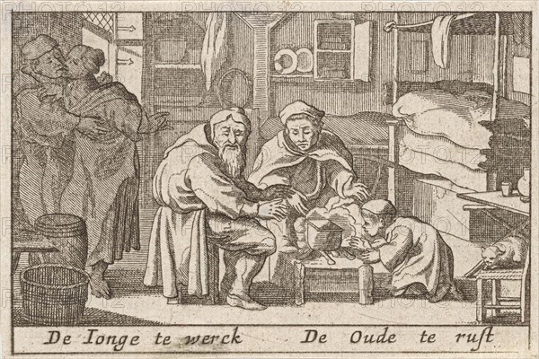 Old men warm their hands over a fire, Pieter Hendricksz. Schut, Claes Jansz. Visscher (II), 1628 - 1650