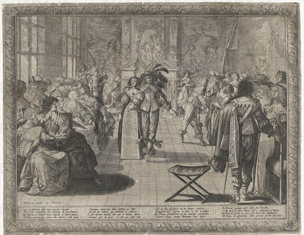 The Ball, Interior with elegant company, dressed according to the French Court Fashions of around 1634. To the music of a viola da gamba and two violins dances a chic pair, Cornelis Danckerts Abraham Bosse, c. 1634