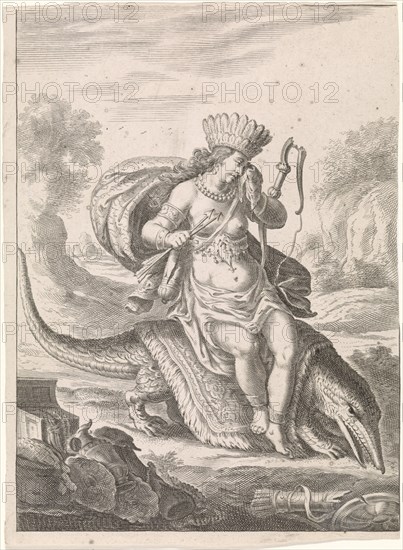 Female personification of America as a woman with headdress of feathers and bows, sitting on a caiman, Cornelis van Dalen II, 1648-1664