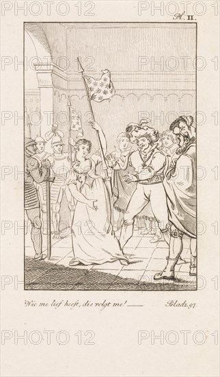 Men near a woman with a flag, DaniÃ«l Veelwaard (I), Jacob Smies, FranÃ§ois Bohn, 1802 - 1809