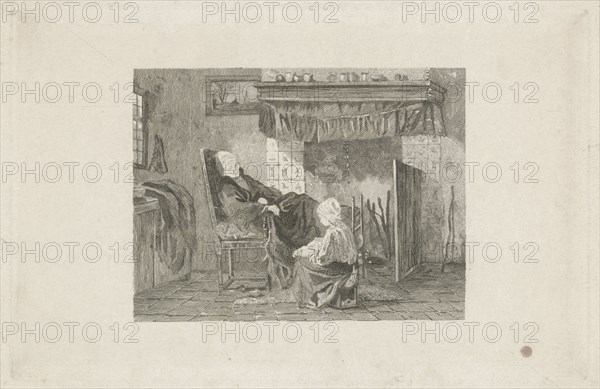 Old woman in front of a fire, Johann Heinrich Maria Hubert Rennefeld, Joseph Israels, 1845-1877