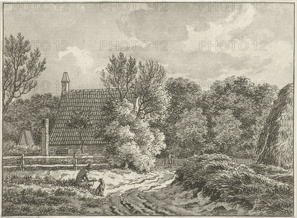 Landscape at Bloemendaal, The Netherlands, In the foreground a man sits beside the road with his dog. In the background a house, Jan Evert Grave, 1769 - 1805