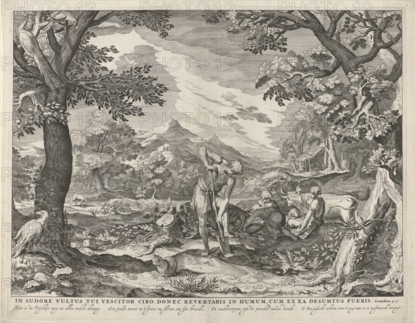 Adam and Eve to work outside the Garden, print maker: Anonymous, Jan Saenredam, Abraham Bloemaert, 1652 - 1702