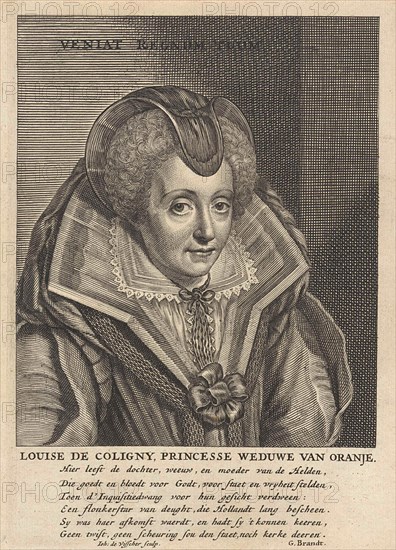 Portrait of Louise de Coligny, Fourth wife of William I of Orange. She wears a high collar, Jan de Visscher, Michiel Jansz van Mierevelt, Geeraert Brandt (I), 1643 - 1692