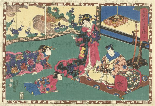 Standing woman and man sitting on pillow, in the background a screen with painting of a phoenix, Japanese print, Kunisada (I), Utagawa, Mera Taichiro, Murata Heiemon, 1847 - 1850