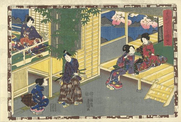 Man talking with squatting woman, behind them a flowering tree and water can be seen, Japanese print, Kunisada (I), Utagawa, Kinugasa Fusajiro, Murata Heiemon, 1851 - 1853