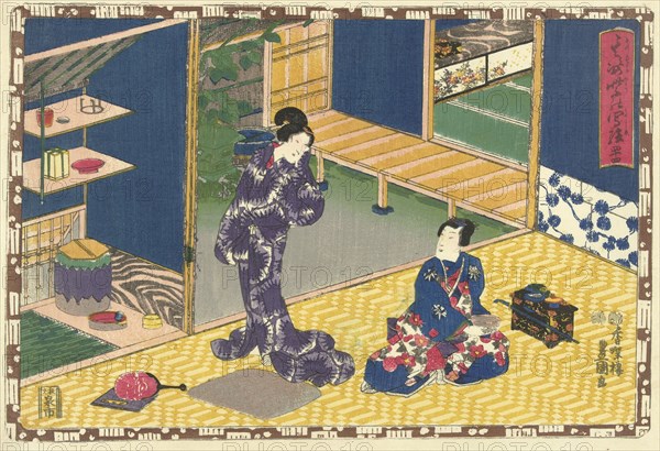 Man sitting with bowl in hand, looking at woman in purple kimono standing in closet, Japanese print, Kunisada (I), Utagawa, Kinugasa Fusajiro, Murata Heiemon, 1851 - 1853