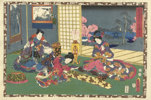 Elegantly dressed man and woman sitting on pillow, looking at woman playing the koto (Japanese stringed instrument); in the background view on a garden with stone lantern and flowering trees, by night, Japanese print, Kunisada (I), Utagawa, Kinugasa Fusajiro, Murata Heiemon, 1852