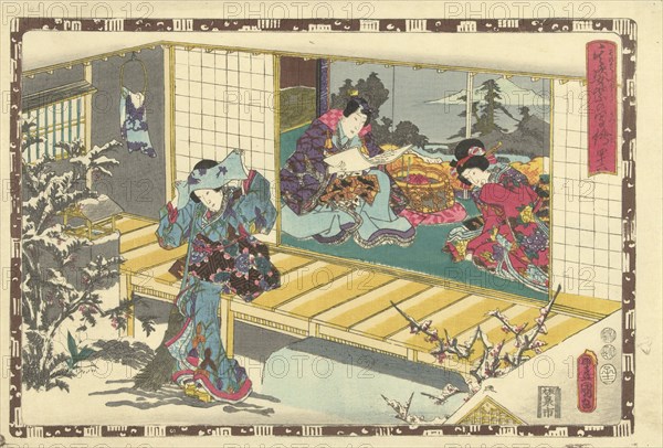 Woman with broom in snowy garden, behind her a woman and a man can be seen in a room, Japanese print, Kunisada (I), Utagawa, Kinugasa Fusajiro, Murata Heiemon, 1852