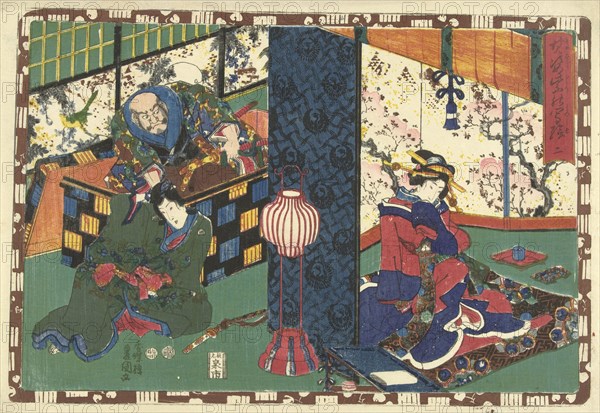 Prince Genji and man in big chest, looking at a woman sitting behind folding screen, Japanese print, Kunisada (I), Utagawa, Mera Taichiro, Murata Heiemon, 1847 - 1850
