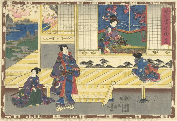 Elegantly dressed man standing on porch, looking at woman sitting in room with koto, Japanese stringed instrument, Japanese print, Kunisada (I), Utagawa, Kinugasa Fusajiro, Murata Heiemon, 1851 - 1853
