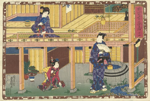 Prince Genji with fan standing at a well, looking at a woman sitting on veranda of first floor; a servant girl with sword in right hand watches, Japanese print, Kunisada (I), Utagawa, Mera Taichiro, Murata Heiemon, 1847 - 1850