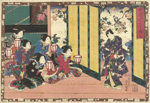 Five women sitting with hand lanterns, watching Prince Genji against a background of a flowering tree and a bird, Japanese print, Utagawa, Hama Yahei, Magome Kageyu, 1849 - 1853